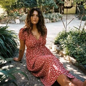 Christy Dawn Red Puff Sleeve Wrap Midi Dress